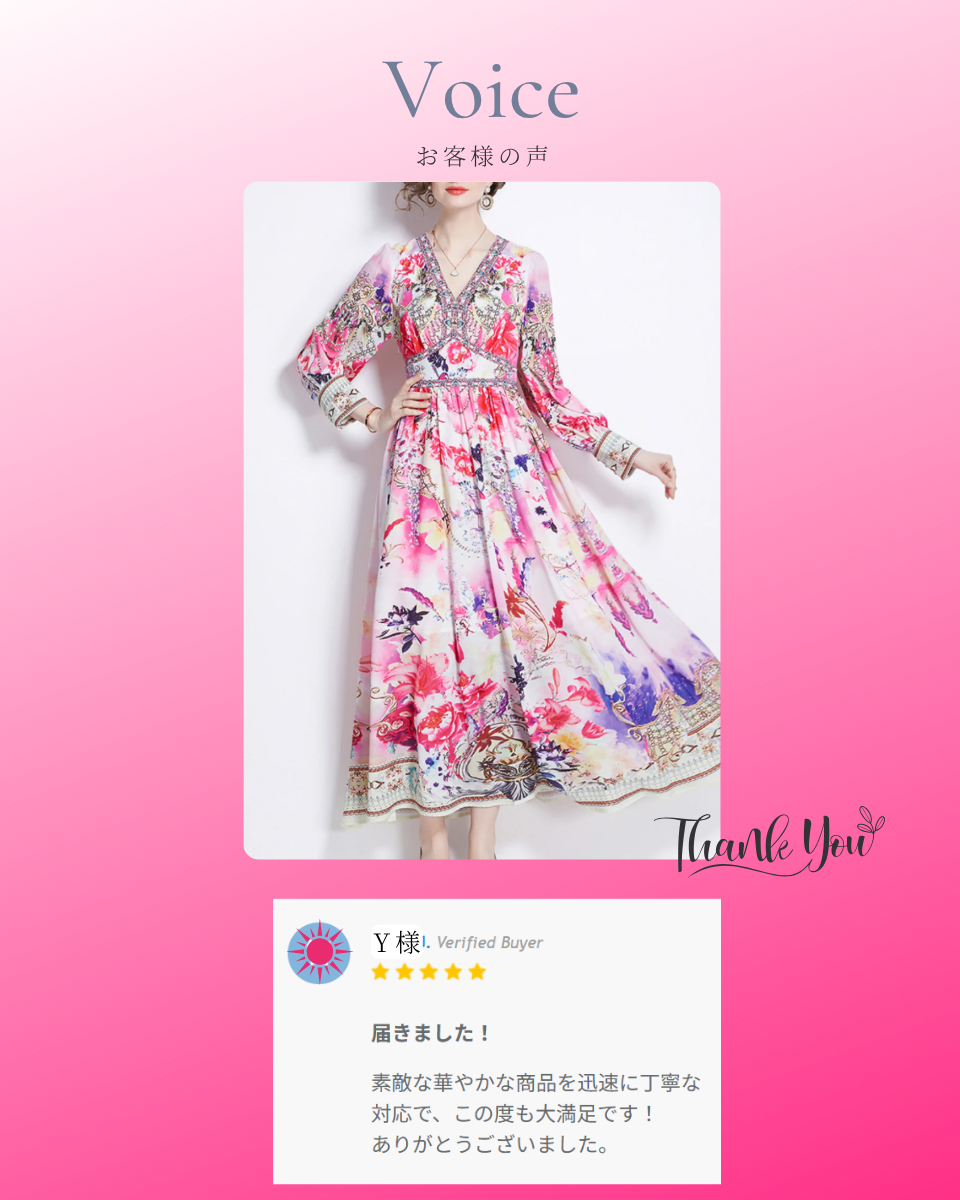ガラベーヤワンピースを着用したベリーダンサーY様からのレビュー。「華やかな商品で今回も大満足」とのコメントと共に、ベリーダンス衣装の上から羽織れるワンピースとしての活用シーンを紹介。