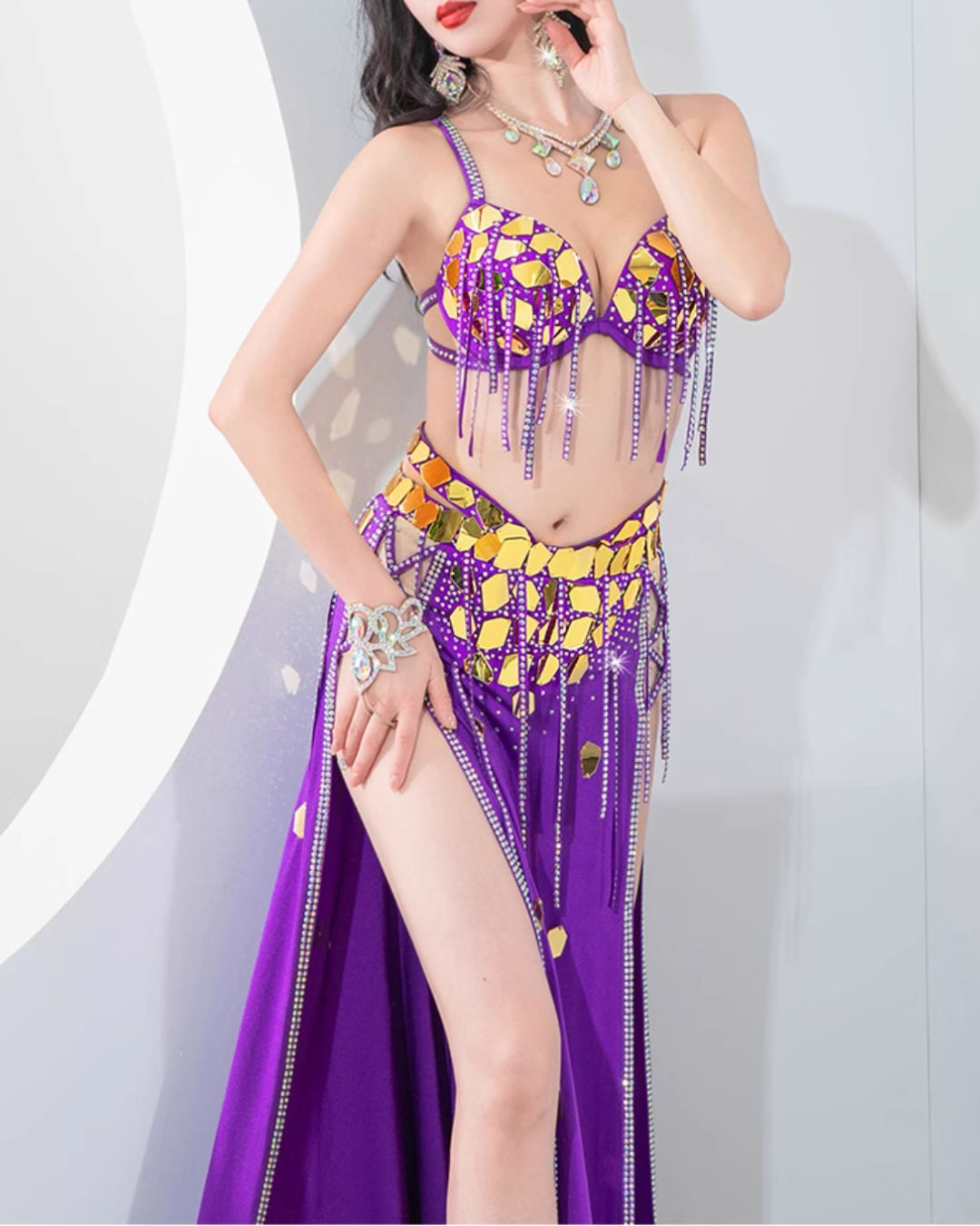 【送料無料】 即納 ベリーダンス オリエンタル 衣装 ベリーダンス衣装 バラディドレス サイ―ディー サイディ 初心者 レッスン着 パープル