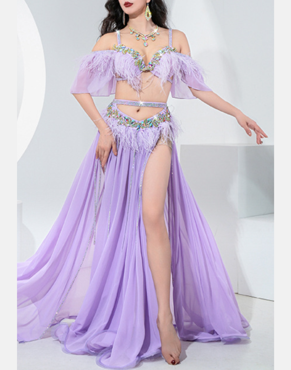 新品タグ付き ベリーダンス衣装 セットアップ 薄紫 オリエンタルM 新品タグ付き ベリーダンス衣装 セットアップ 薄紫 オリエンタルM