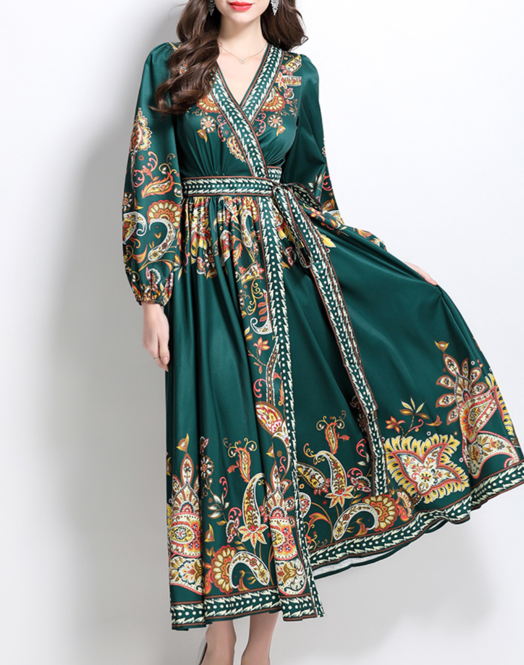 送料無料】上品なグリーンのラップワンピ―ス｜ベリーダンス衣装に羽織