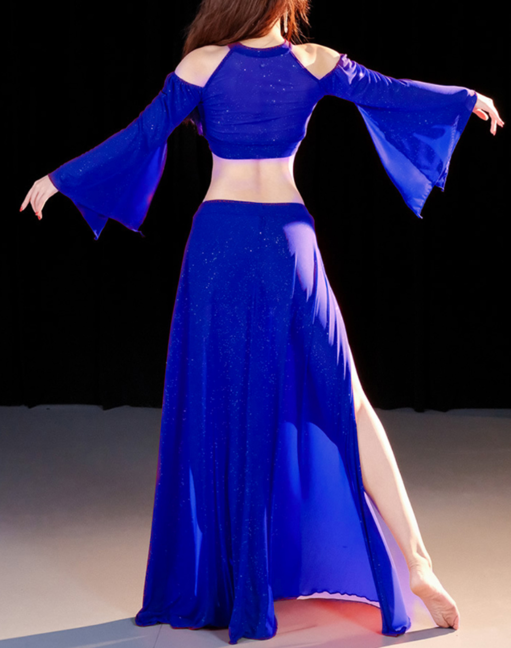 ベリーダンス衣装にもなるベリーダンスレッスン着 初心者 即納 レッスンウェア トップス&スカート セットアップ おしゃれ 可愛い ブルー 青