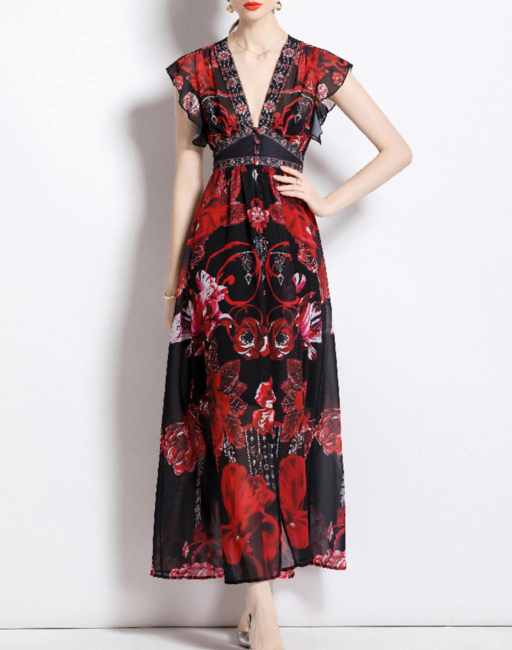 ベリーダンス 前開き ガラベーヤ ワンピース 即納 レッスン着、ベリーダンス衣装の上に羽織れるガラベーヤ 初心者向け ブラック レッド