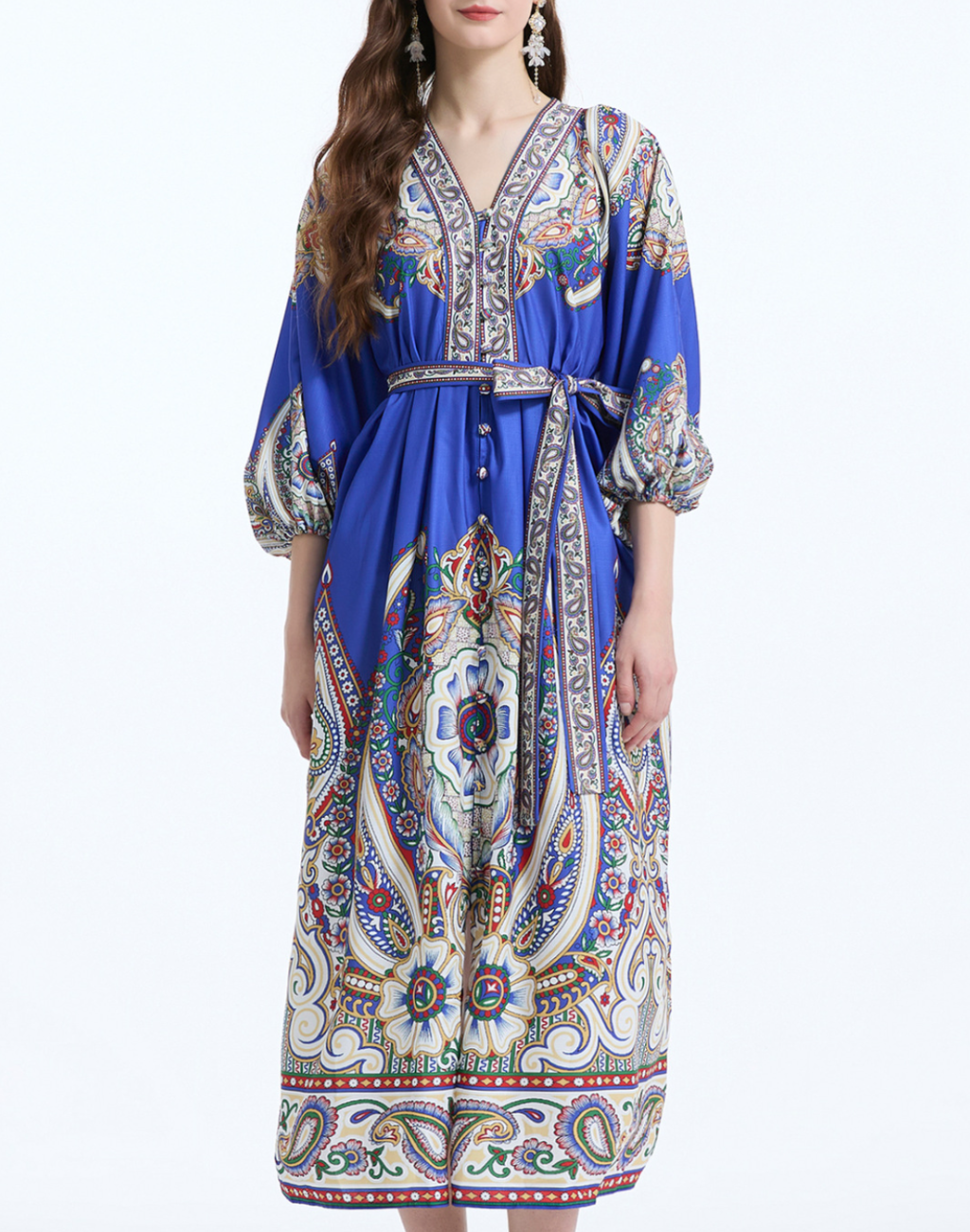 前開き オリエンタル ガラベーヤワンピース ブルー AP0147BU