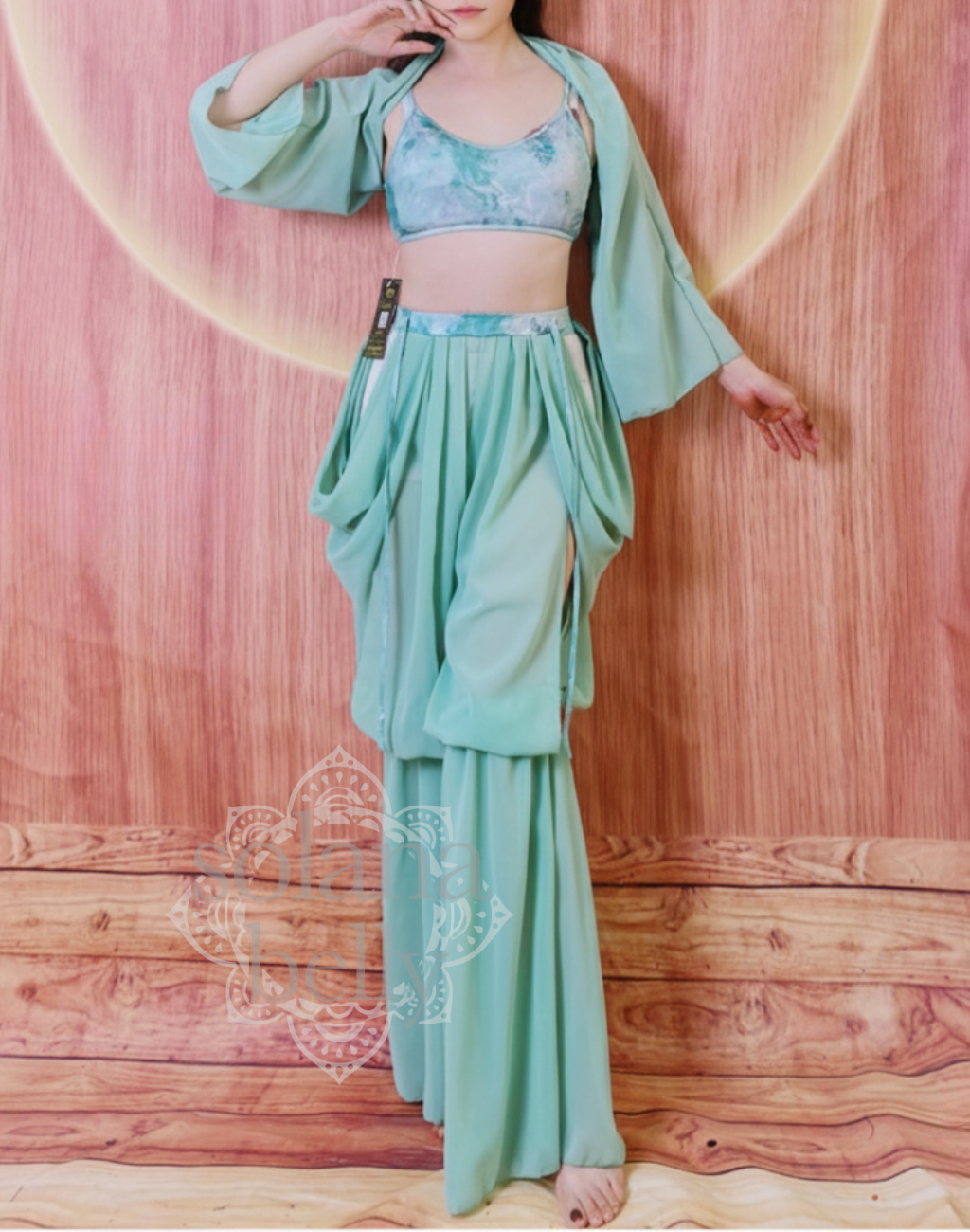 ベリーダンサーが着用しポーズをとっている構図。シンプルなブラベルトを合わせればベリーダンス衣装としても使える華やかさを兼ね備えたレッスン着。