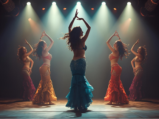 ベリーダンス発表会のステージでライトを浴びながら踊る女性ダンサーたちの華やかな姿