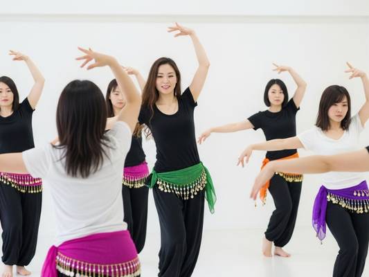ベリーダンス教室で初心者が先生の動きをまねしながら基本姿勢を練習している様子