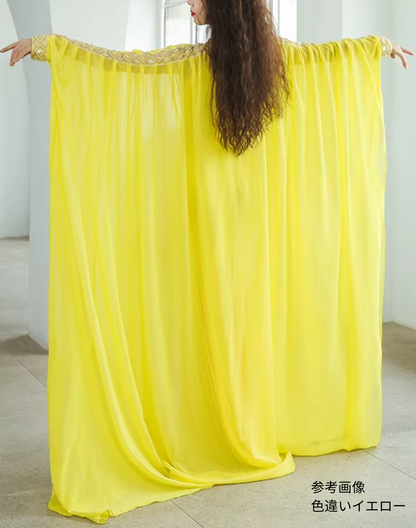 背面から撮影されたベリーダンス衣装 ハリージドレスの後ろ姿。ケープ全体の広がりとシフォン生地の分量を確認できる構図。参考画像はイエローカラー。