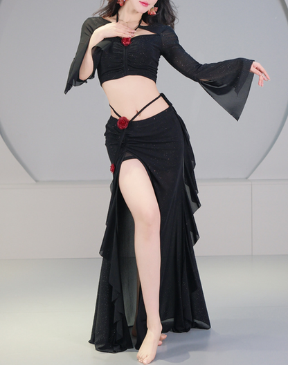 【9/15までお値下げ】ベリーダンス ビーズ装飾セットアップ 送料無料】ローズが印象を添える2wayセットアップ｜ベリーダンス衣装に