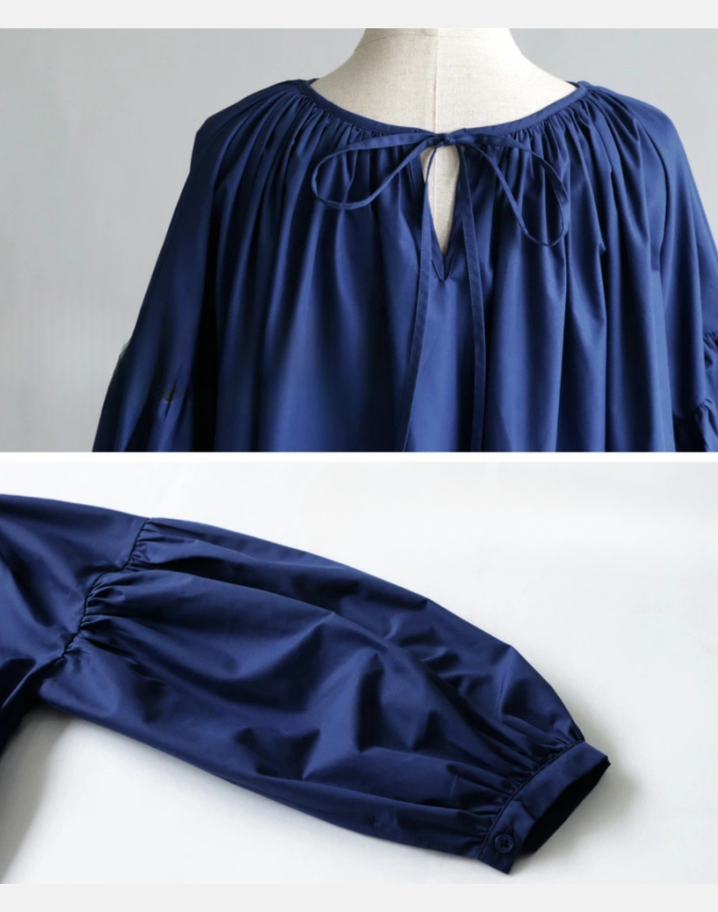 ネイビーのガラベーヤワンピースのネックまわりを前後2WAYで調整できる仕様がわかるアップ写真。