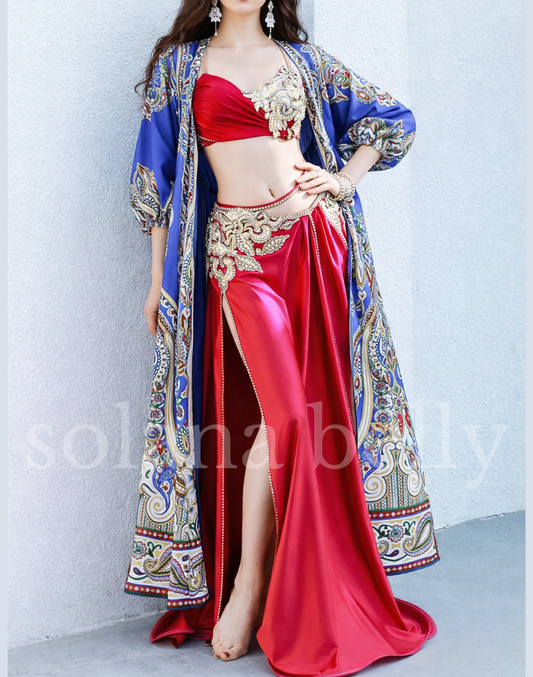 前開き　オリエンタル　ガラベーヤワンピース　ブルー　AP0147BU