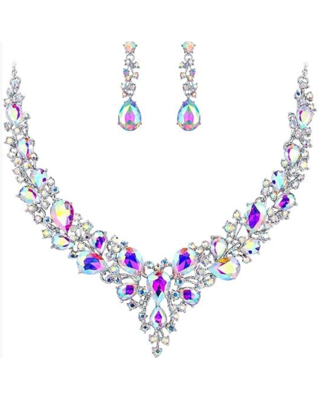 ビジューが連なるネックレスとピアスの2点セットを白背景で撮影した商品写真。ベリーダンス衣装を引き立てるアクセサリーとして、光を受けて細やかな輝きを見せるデザインがはっきりわかる構図。