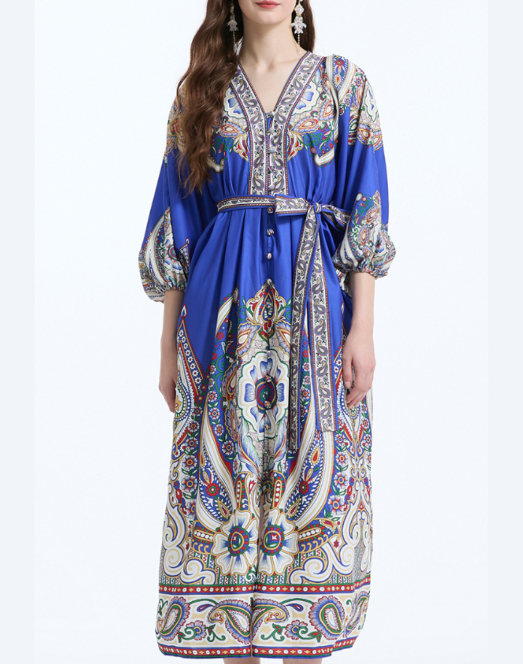 前開き　オリエンタル　ガラベーヤワンピース　ブルー　AP0147BU