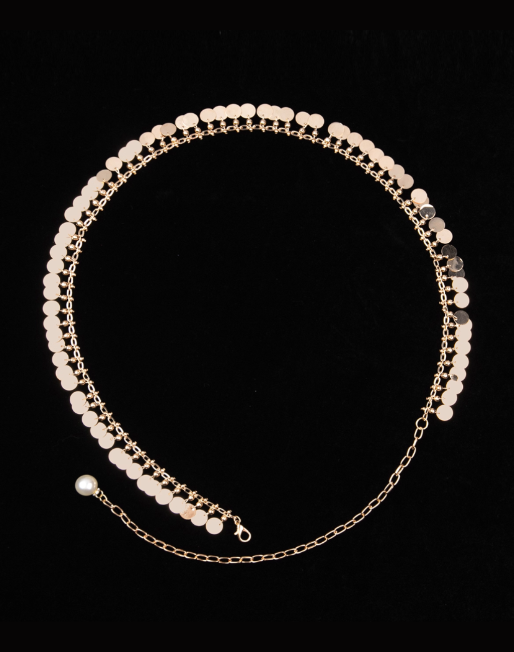 ベリーダンス衣装、レッスン着に合わせたいコイン付ベリーチェーンの平置き撮影した全体像。ヒップスカーフとしても使えるデザイン。