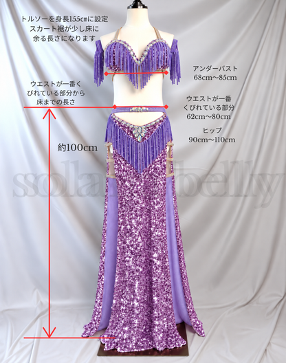 パープルのベリーダンス衣装を平置きし、ブラとスカートの各部寸法を記載した画像。オリエンタル衣装のサイズと装飾の配置を確認できる。
 コピー