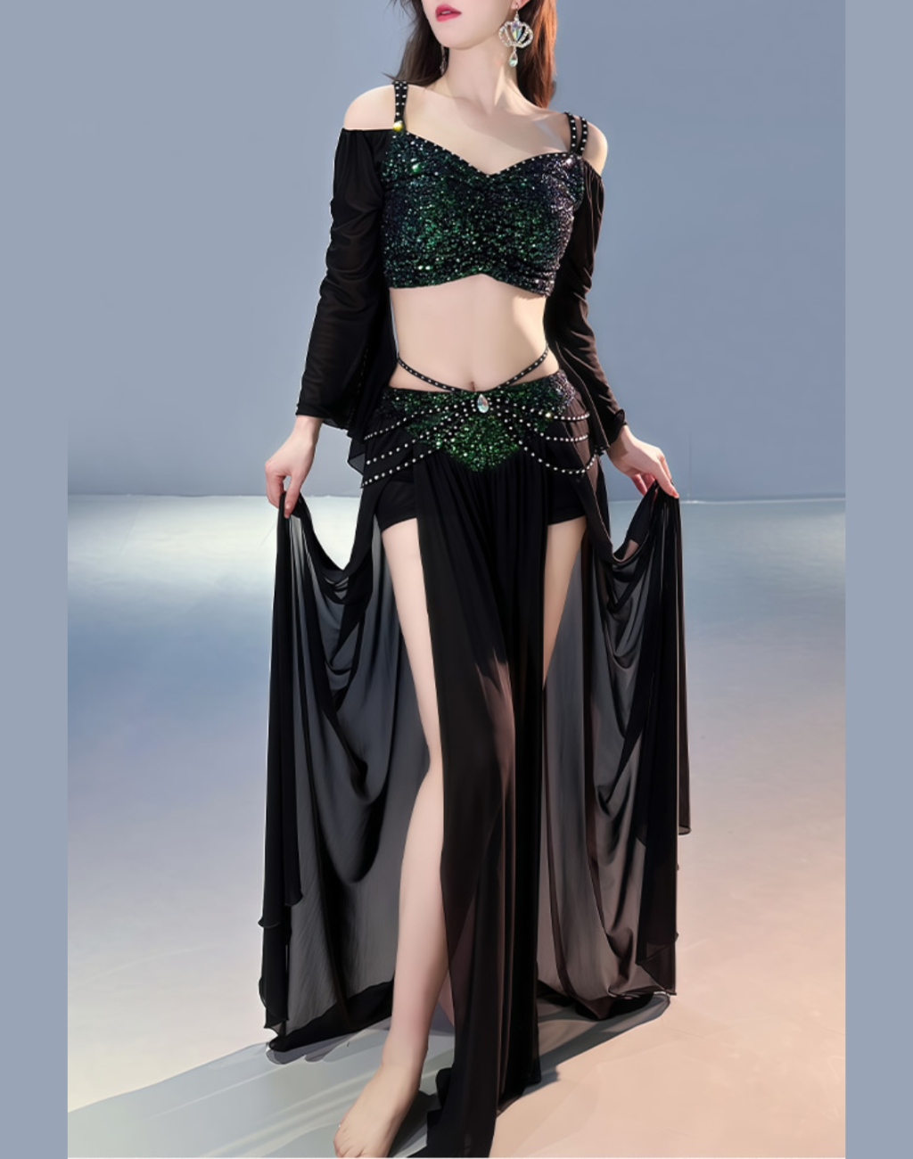 スリット入りスカートの揺れが分かる、ベリーダンス衣装にも使えるブラックスパンコールのレッスン着の動きのある正面カット。