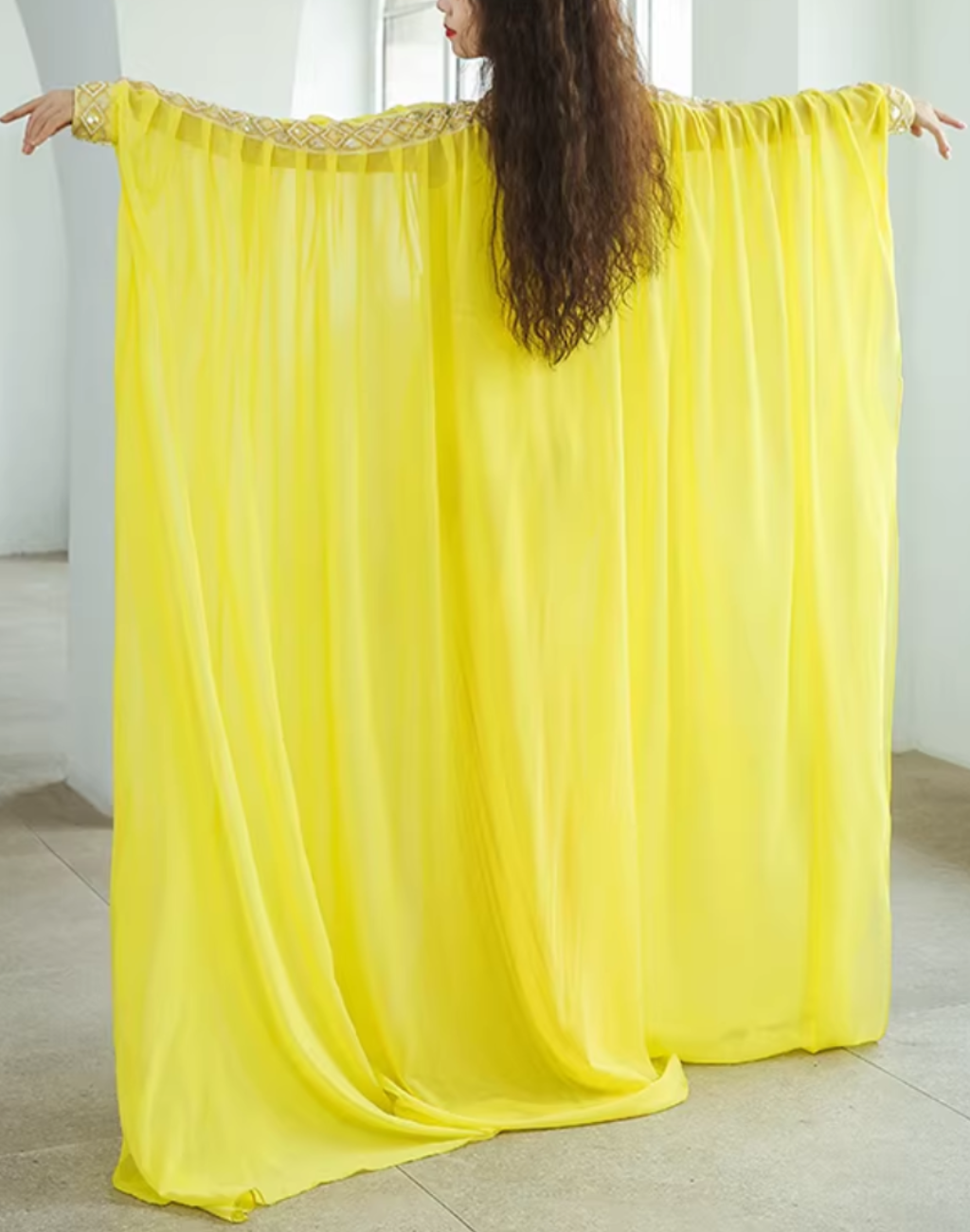 背面から撮影されたベリーダンス衣装 ハリージドレス。背中から裾まで続くシフォンの分量と、ケープ全体の広がりが分かる後ろ姿の写真。