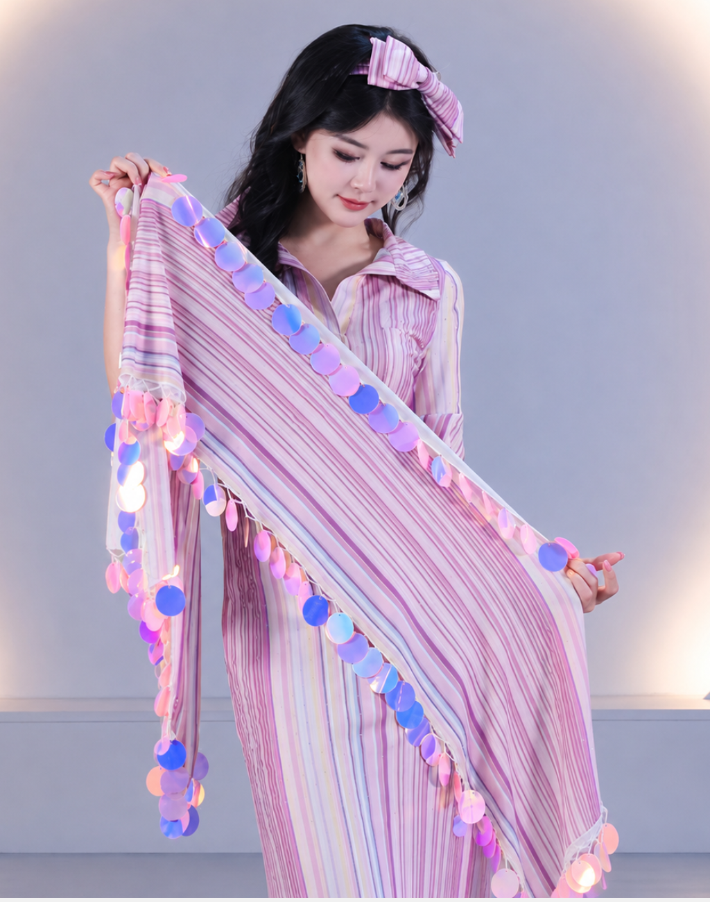 ピンクのバラディドレスの布飾りを両手で広げた着用画像。細かなストライプ柄と光を反射する丸型スパンコールが特徴のベリーダンス衣装。