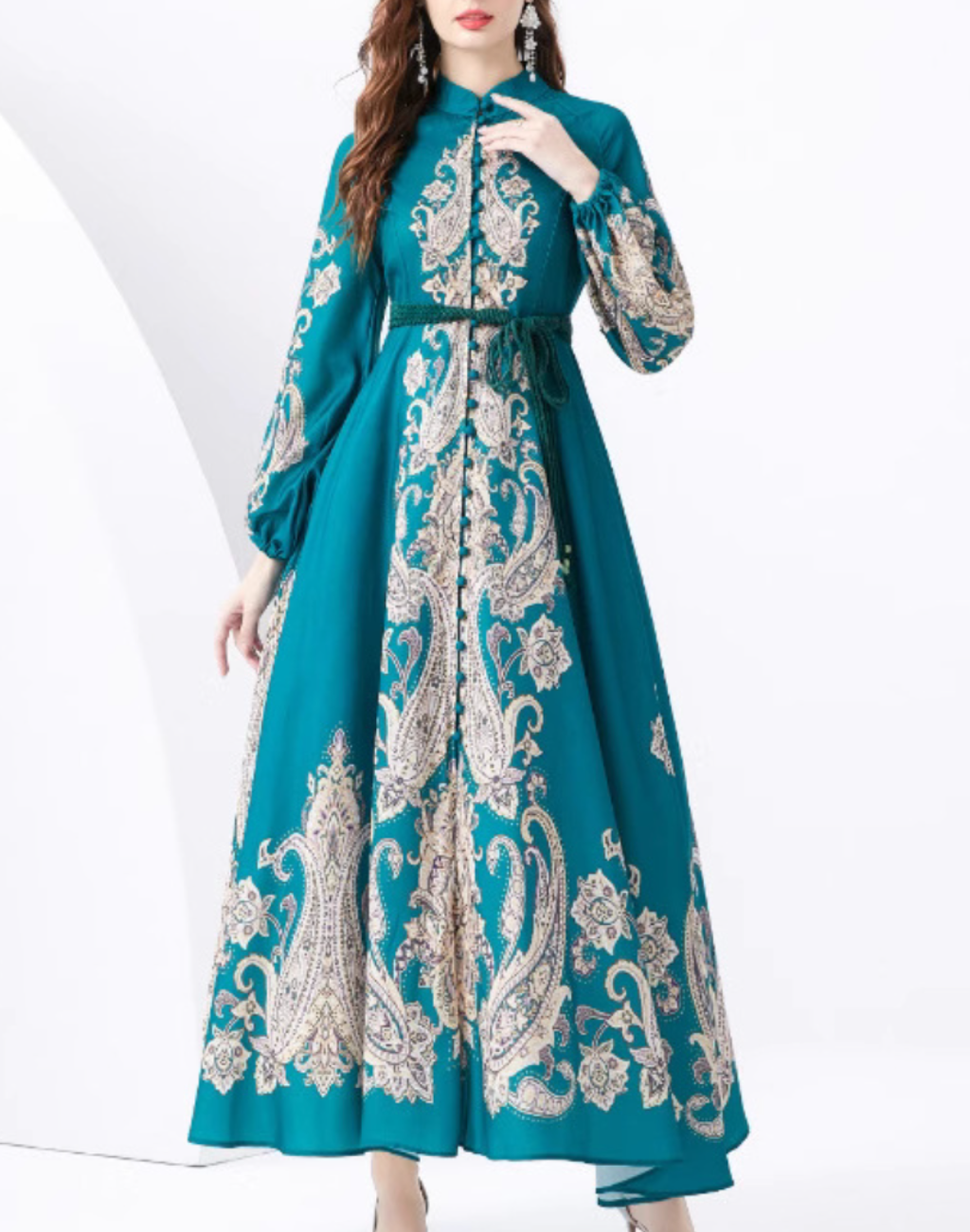 ガラベーヤワンピース　ベルト付き　グリーン　AP0118GR