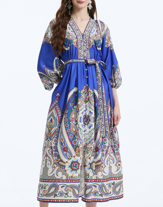 前開き　オリエンタル　ガラベーヤワンピース　ブルー　AP0147BU