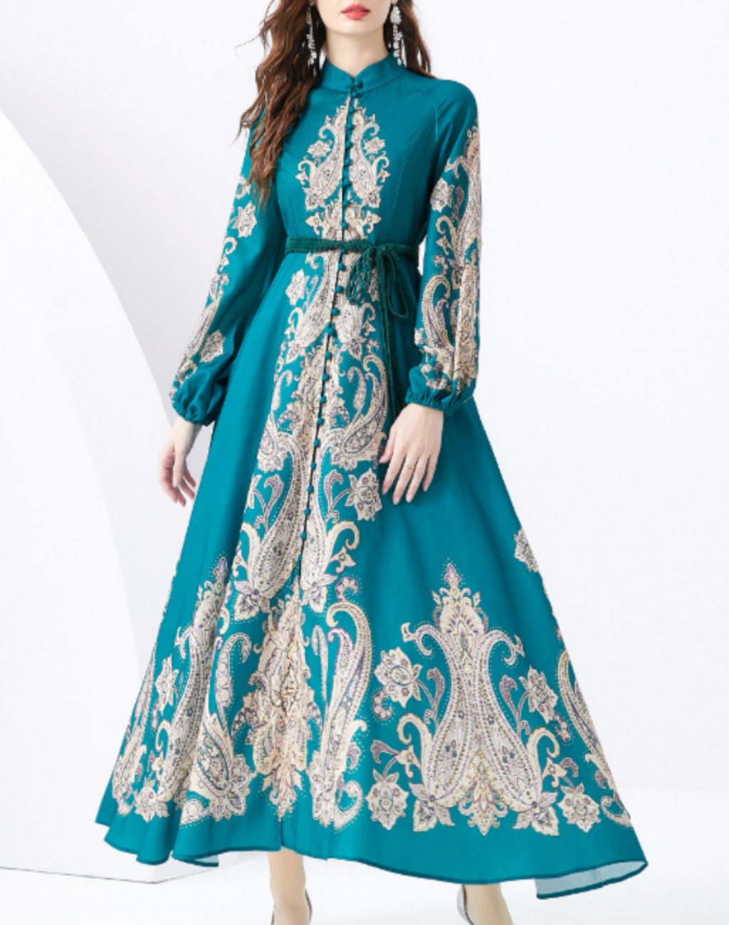 ガラベーヤワンピース　ベルト付き　グリーン　AP0118GR