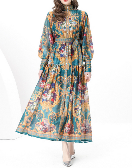 ガラベーヤワンピース　グリーン／イエロー　AP01121GR