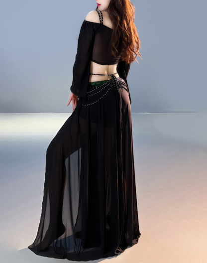 背中のデザインとスパンコール配置が分かる、ベリーダンス衣装としても使えるブラックレッスン着のバックスタイル。