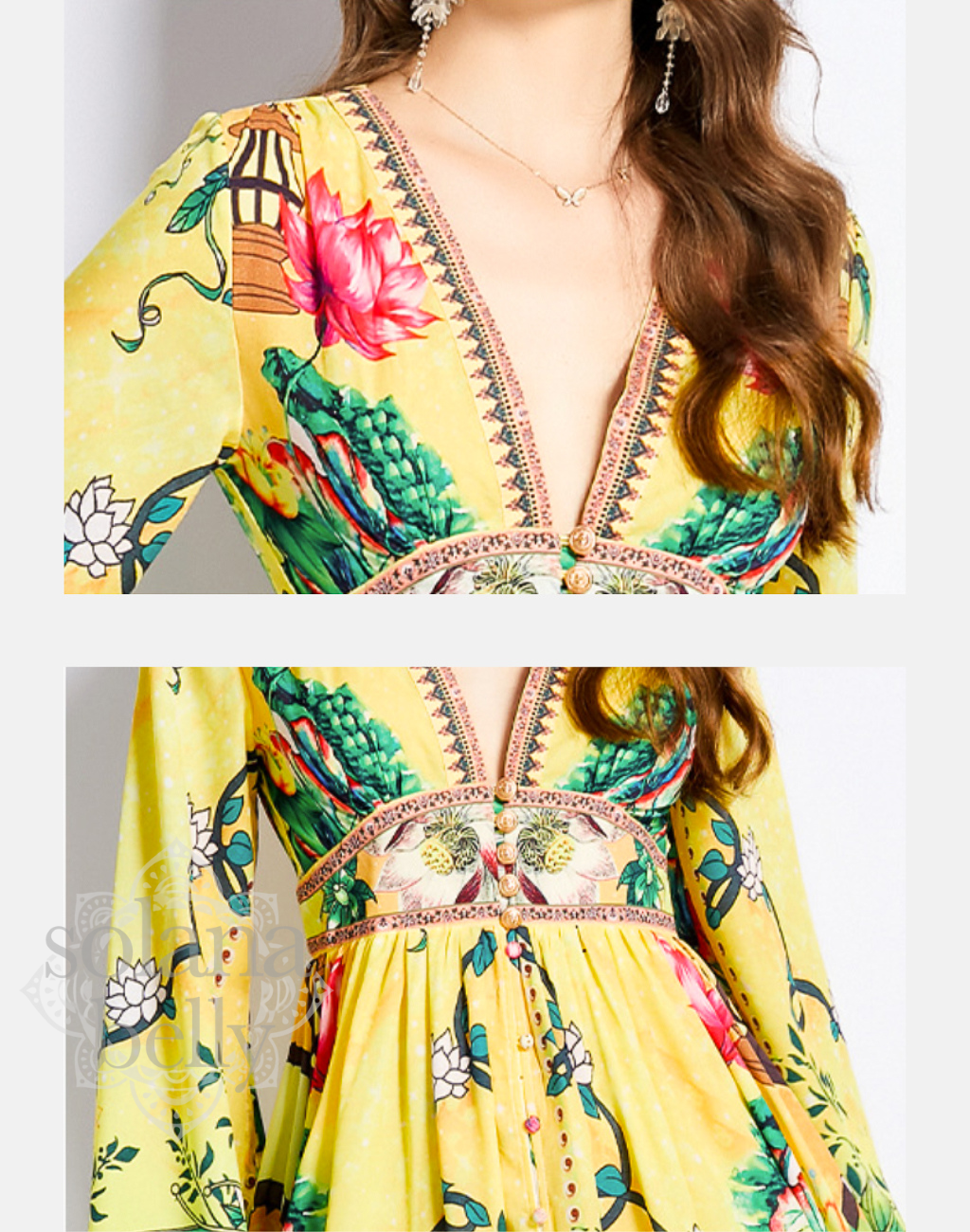胸元の前開き部分と装飾を拡大したディテール写真。ベリーダンス衣装・レッスン着の上から羽織るガラベーヤワンピースとして、仕様を確認できるイエローカラー。