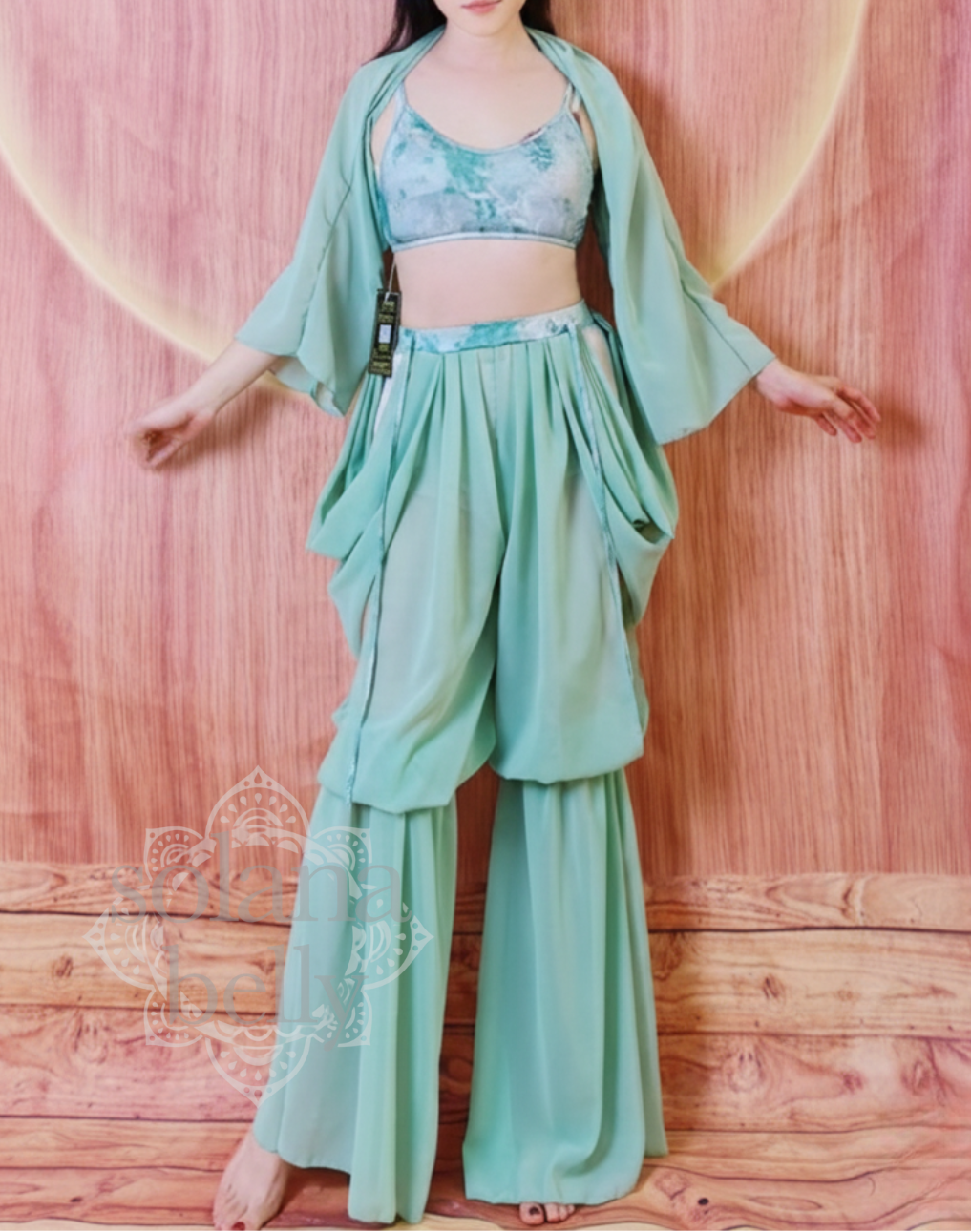 ブラベルトを合わせればベリーダンス衣装としても使える華やかさを兼ね備えたレッスン着。ベリーダンサーが着用しポーズをとっている構図。