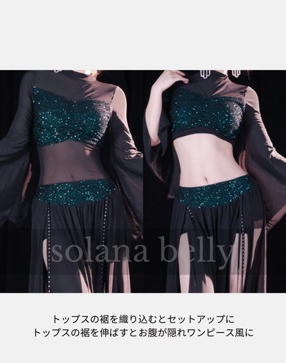 トップスの裾を伸ばしたワンピース風と、織り込んだセットアップ風の比較を映したベリーダンス レッスン着 衣装、2WAYで楽しめる仕様
