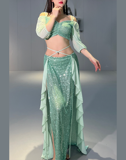 ベリーダンス衣装(スパンコール、エメラルドグリーン)タグ付き ベリーダンス衣装(スパンコール、エメラルドグリーン)タグ付き