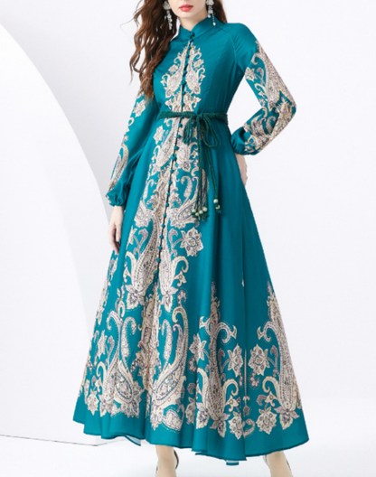 ガラベーヤワンピース　ベルト付き　グリーン　AP0118GR