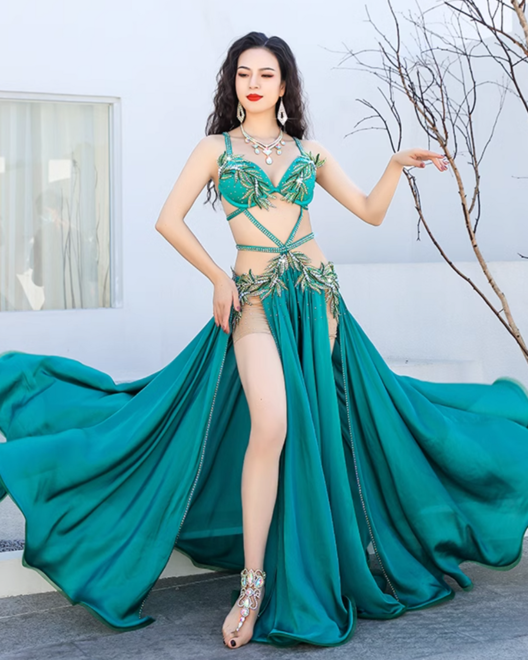 hoyda ベリーダンス オリエンタル衣装 水色×エメラルドグリーン hoyda ベリーダンス オリエンタル衣装 水色×エメラルドグリーン